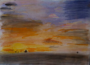 Dessin au pastel représentant un coucher de soleil.