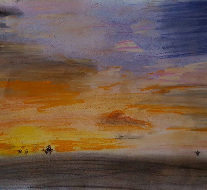 Dessin au pastel représentant un coucher de soleil.