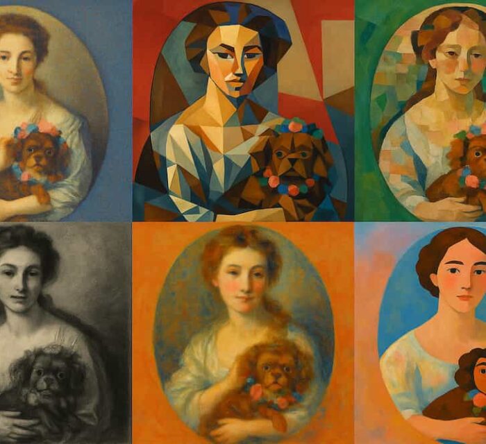 Un tableau du Musée d'Art et d'Histoire du Pays de Château-Gontier réinterprété de 6 manières différentes par l'intelligence artificielle.