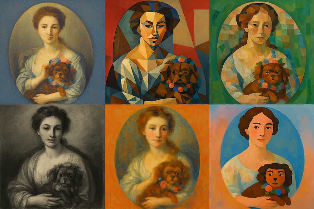 Un tableau du Musée d'Art et d'Histoire du Pays de Château-Gontier réinterprété de 6 manières différentes par l'intelligence artificielle.