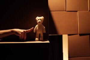Une main pointe un doigt vers un ours en mousse devant un mur de cartons.
