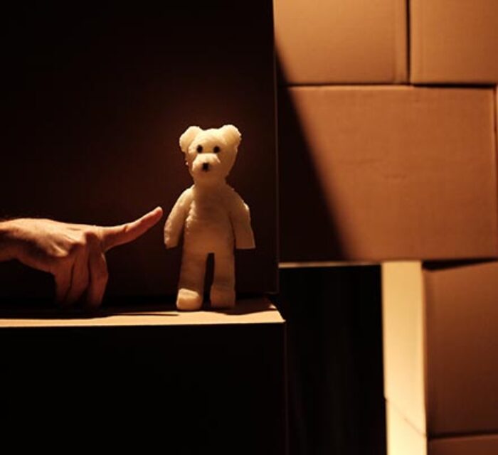 Une main pointe un doigt vers un ours en mousse devant un mur de cartons.