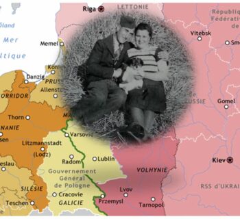 Carte de l'Europe pendant la deuxième guerre Mondiale avec la photo d'un couple en noir et blanc en médaillon
