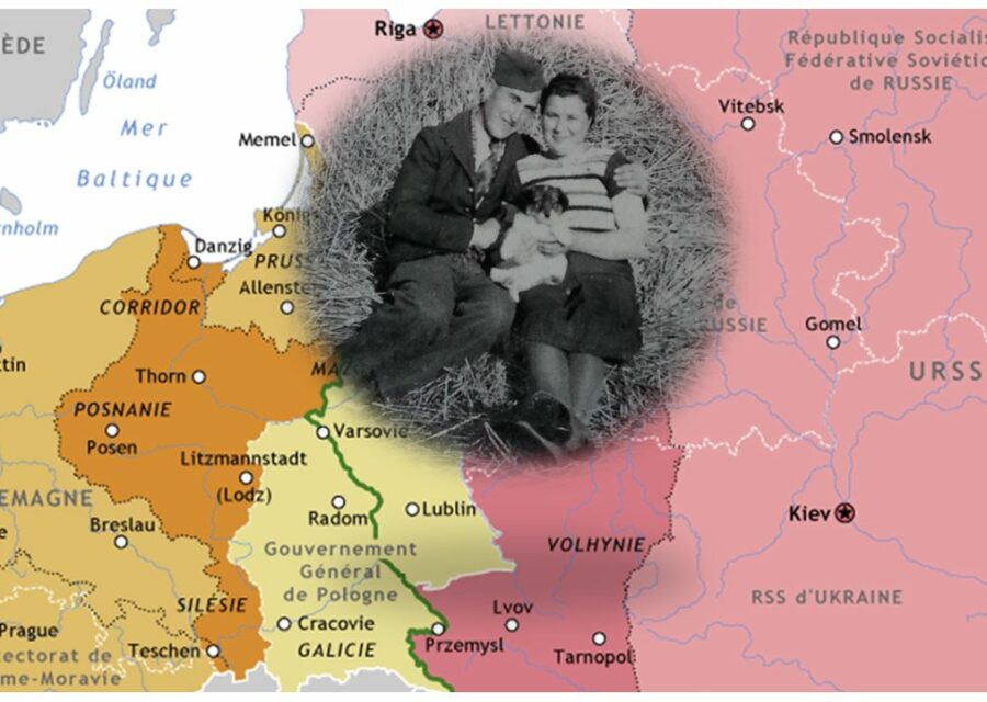Carte de l'Europe pendant la deuxième guerre Mondiale avec la photo d'un couple en noir et blanc en médaillon