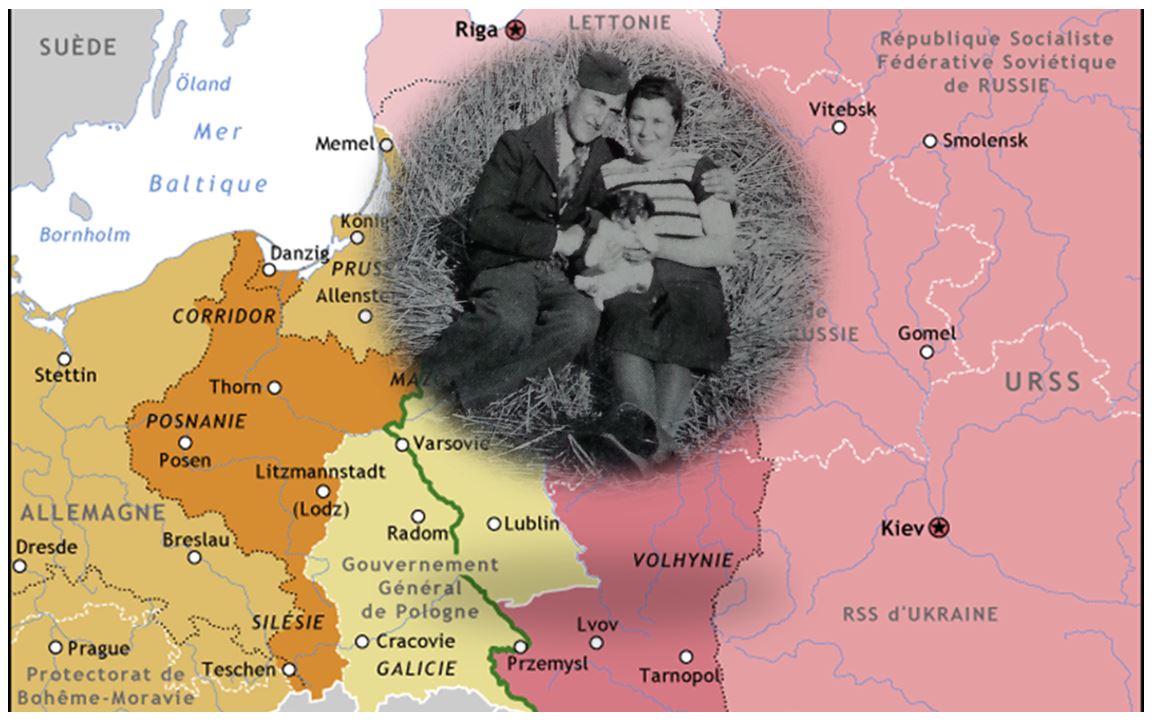 Carte de l'Europe pendant la deuxième guerre Mondiale avec la photo d'un couple en noir et blanc en médaillon