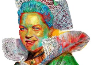 Portrait d'une bigouden retravaillé avec des couleurs saturées, jaune, rouge, vert, bleu.