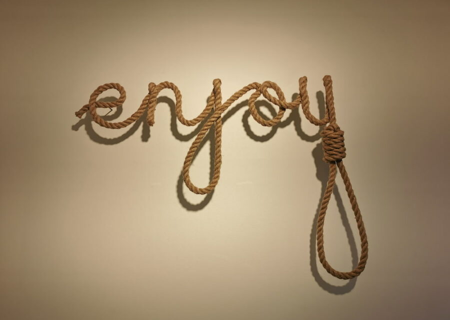 Oeuvre intitulée Enjoy. Le mot anglais enjoy est écrit avec une corde dont le y forme un noeud coulant.